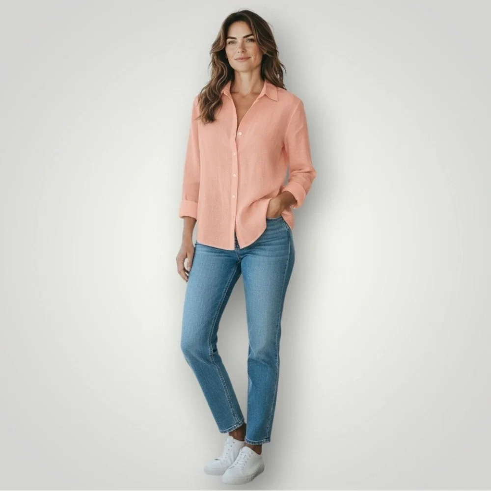 Brooks Brothers 346 Womens Linen Button Down Shirt Coral Peach Long Sleeve 14 - Picture 1 of 9